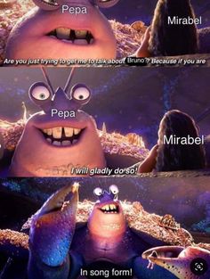 an animated movie scene with the words pepa and mirabel in two different languages