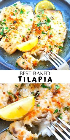 two pictures of baked tilapia with lemon wedges and parmesan cheese