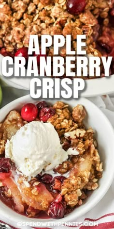 an apple cranberry crisp in a bowl with ice cream on top