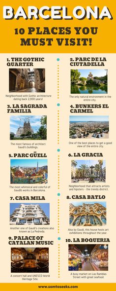 the top ten places you must visit in barcelona, spain infographical for travel