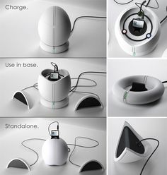 four different views of an electronic device that is connected to wires and plugged in