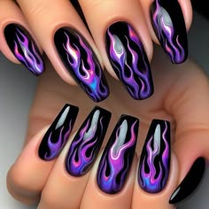 Fire Almond Nails, Purple And Orange Nail Designs, Purple Flame Nails, Black Light Nails, Fire Flame Nails, Purple And Black Nails Designs, Rock And Roll Nails, Black Nails Goth, Lightning Nails