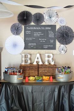 the bar is set up with umbrellas and paper fans on it's wall