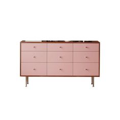 a pink dresser with six drawers and two doors on one side, in front of a white background