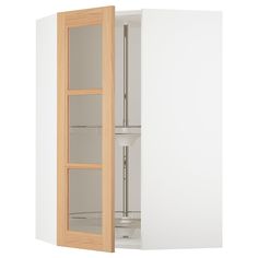 an open cabinet with glass doors on the front and bottom, in a white wall