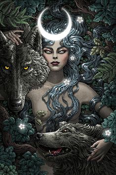 a woman and two wolfs are depicted in this artistic painting by artist mark taylor