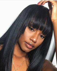 Love the bangs❤️❤️ Lowest price to $99 for free shipping! Grab this wig 👇👇 https://www.wowebony.com/lace-front-wigs-indian-remy-hair-full-bangs-straight-baby-hair-lfw072.html #hairstyle #bangs #fringe #beauty #fashion #remyhair #straight #natural #makeup #wowebony Bouffant Hair, Asymmetrical Hairstyles, Fringe Hairstyles, Long Black Hair, Wigs With Bangs, Hair Waves, Layered Hair, Long Black, Hairstyles With Bangs