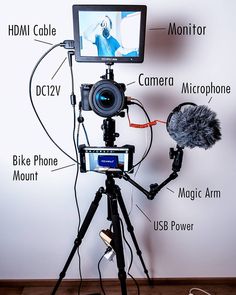 a video camera attached to a tripod with microphones and other equipment labeled around it