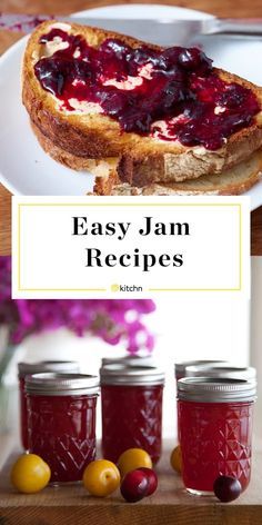 jam jars and bread on a plate with the words easy jam recipes