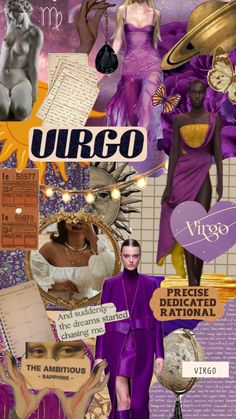 a collage of different types of fashions and words in purple, gold and white