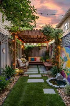 Cozy backyard patio with string lights, a pergola, colorful cushions, a small pond, and vibrant mural walls at sunset. How To Decorate Backyard, Small Backyard Decorating Ideas On A Budget, Backyard Landscaping For Small Yards, Cool Small Backyard Ideas, Small Suburban Backyard Ideas, Transform Small Backyard, Small Backyard Ideas Dog Friendly, Backyard Patio Designs Small Yard, Simple Small Patio Ideas