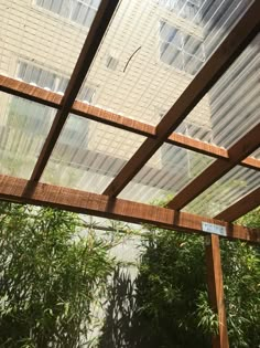 an outdoor covered patio with bamboo plants