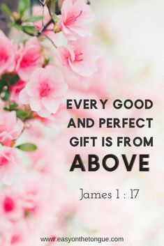 pink flowers with the words, every good and perfect gift is from above james 1 17