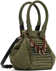 Non-stretch denim top handle bag in green. Detachable curb chain with crystal-cut logo charms at face. · Distressing, frayed edges, quilted detailing, and fading throughout · Twin rolled carry handles · Adjustable and detachable leather shoulder strap · Press-stud fastening at top · Zip closure · Logo-woven twill lining · Logo-engraved antiqued bronze-tone hardware · H7.75 x W11 x D6 Supplier color: Military/Green Bracelet Breloques, Diesel Accessories, Diesel Bag, Crystal Logo, Compact Bag, Denim Shoulder Bags, Charms Bracelet, How To Have Twins, Curb Chain