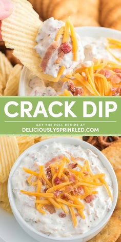 What every game day menu needs! This ranch dip recipe is an easy appetizer idea. Mixed with sour cream, cheddar, and bacon, this is The BEST Crack Dip for your Super Bowl party food ideas! Pin this for later! Easy Game Day Snacks, Artichoke Cups, Sour Cream Dip Recipes, Football Finger Foods, Super Bowl Party Food Ideas, Crowd Pleasers Recipes, Party Dips Easy, Party Food Easy