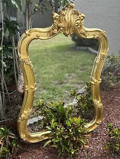 an ornate gold framed mirror sitting on the ground in front of some bushes and trees