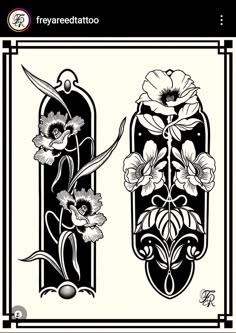 an old fashioned tattoo design with flowers on the front and back of each armband