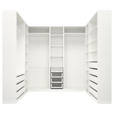 an empty white closet with shelves and drawers on each side, open to reveal the contents