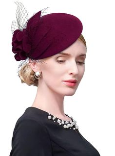 PRICES MAY VARY. Material & Size --- 100% Wool. Use high-quality wool felt, the fabric is soft but the shape is strong. One size fits all, size about 7.5*5.9 inches/19*15cm Feature --- Made of 100% wool, warm and pretty. The vintage british wool fascinator hat is designed with a bow and polka dot veil, it matches well with all kinds of autumn and winter clothes Embellished Life --- This wool derby hat great for winter wedding and party, cocktail, church events, kentucky derby party, royal ascot Veil Outfits, Burgundy Fascinator, Polka Dot Veil, Hat Flower, Luxury Hats, Church Hat, Wedding Church, Kentucky Derby Party, Velvet Hat