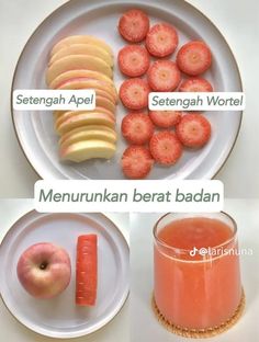 there is a plate with apples, carrots and strawberries on it next to a glass of orange juice