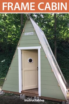 a frame cabin built into the side of a forest with text overlay that reads frame cabin