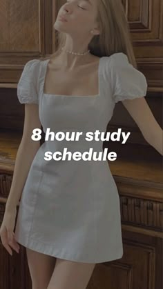 a woman standing in front of a wooden cabinet with the words 8 hour study schedule