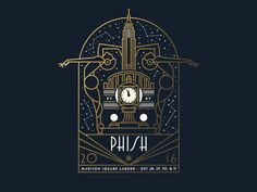 the phish concert poster is shown in gold and black, with an image of a clock