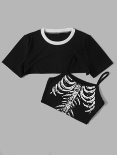 Multicolorido Casual Collar Manga Curta  Halloween  Embellished Elasticidade Baixa  Conjuntos para Mulheres Look Grunge, Skeleton Graphic, Diy Vetement, Grunge Punk, Swaggy Outfits, Really Cute Outfits, Teenage Fashion Outfits, Edgy Outfits