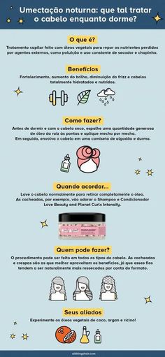 O tratamento da umectação noturna consiste em nutrir os fios com óleo vegetal durante a noite, aproveitando o período de sono para repor nutrientes e hidratar os fios. Clique para saber tudo sobre a técnica! Tea Party, Ups, Hair Care, Hair Styles, Beauty, Hair Care Tips