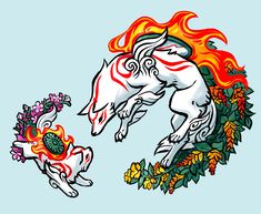 an image of two animals in the air with fire coming out of their bodies and flowers around them