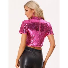 This cropped top features beautiful shining sequins that will shine when you are at the party and they can create a beautiful sparkle in the stage lights of dance and chorus performances. Occasion: Perfect for Party/Dating/Dancing/Clubwear/Evening party/Club/Attend/Cockta. This style of shirt is very dazzling, whether it is walking in the street under the sun, or sitting under the neon lights can reflect a different charm. Christmas Bachelorette Party, Glitter Shorts, Stage Lights, Sparkles Glitter, Mock Turtleneck, Neon Lights, Women's T Shirts, Rave Outfits, Halloween Women