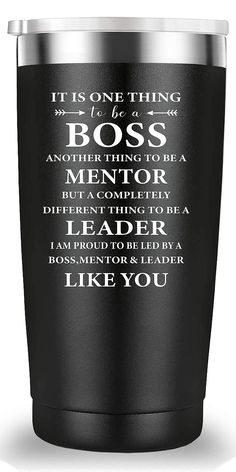 a black tumbler cup with the words boss on it and an image of a man's face