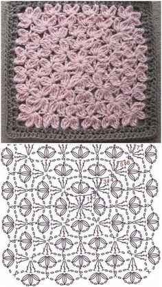 crochet patterns are shown on the left and right side of this photo, along with