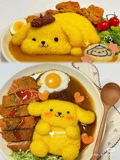 two plates with stuffed animals and food on them