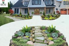 a large house with lots of plants and rocks in the front yard, as well as landscaping