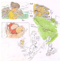 an image of children's drawings in the process of being colored and inked