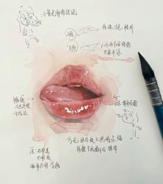 a drawing of a mouth with chinese writing on it and an ink pen next to it