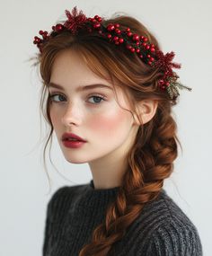 Festive Braided Crown Braiding Sections, Redhead Woman, Braided Crown, Christmas Dinners, Romantic Woman, Crown Braid