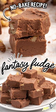 chocolate fudge bars stacked on top of each other with the words, no - bake recipe