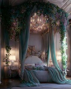 a canopy bed with flowers and greenery on the ceiling is lit up by lights