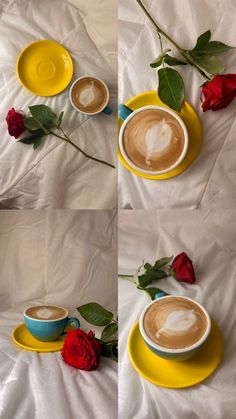 three different shots of coffee and roses on a white sheet with the same cup in it