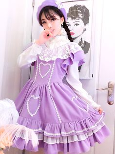 Purple Flying Sleeve Lace Sweet Lolita Dress Spring Cosplay Dress With Doll Collar, Purple Fairy Kei Dress For Spring, Pink Gothic Costume Dress, Purple Fairy Kei Dress With Ruffles, Cute Ruffled Halloween Dresses, Fairy Kei Dress With Ruffles And Doll Collar, Cute Halloween Ruffle Dresses, Halloween Cosplay Dress With Lace Trim, Cute Dresses With Lace Trim For Costume Party