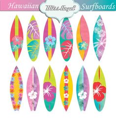 the hawaiian surfboards are colorful and have flowers on each one, as well as hibis