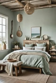 a bedroom with green walls and wooden beams