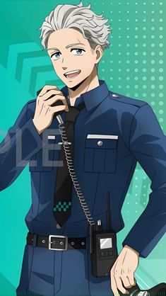 an anime character is talking on the phone and holding his hand to his ear while wearing a police uniform