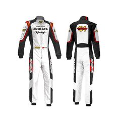 a white and black racing suit with red lettering on the chest, front and back