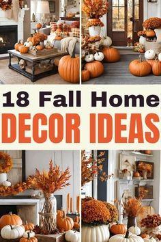 fall home decor ideas with pumpkins and flowers in the living room, dining room or bedroom