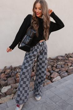 Dark Grey Patterned Wide Leg Pants Hot to Go Checked Denim Jeans Step up your denim game with these Hot to Go Checked Denim wide-leg jeans! Featuring a bold, eye-catching pattern, these jeans bring an unexpected twist to a classic silhouette. The wide-leg cut offers comfort and effortless movement, while the unique dark grey checkered print adds a touch of urban sophistication. Perfect for dressing up with heels or keeping it casual with sneakers, these jeans are a versatile statement piece that Pocket Sweater, Checkered Print, Athleisure Wear, Halloween Fashion, Round Neck Tops, Pullover Jacket, Wide Leg Denim, Short Sleeved Sweaters, Denim Outfit