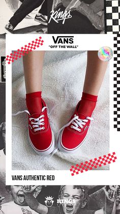 an advertisement for vans with red shoes and checkered background