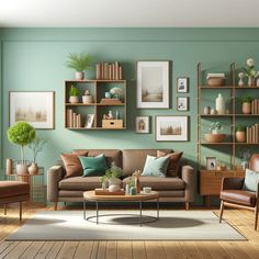 a living room filled with lots of furniture next to a wall mounted bookshelf